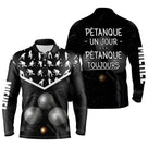 Polo pétanque manches longues unisexe noir, marquage prénom pour bouliste fidèle au boulodrome
