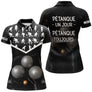 Polo pétanque homme femme manches courtes noir marbré, design bouliste personnalisable au prénom
