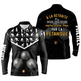 Polo pétanque noir variante coloris silhouettes joueurs blanches design retraité bouliste personnalisable