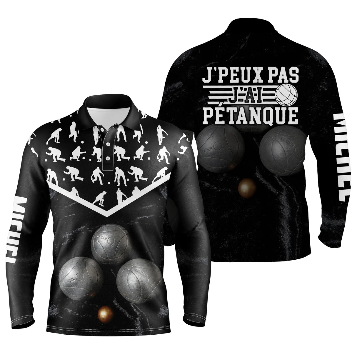 Polo pétanque noir mixte variante coloris silhouettes joueurs blanches design contrasté personnalisable