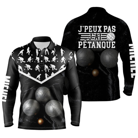 Polo pétanque noir mixte variante coloris silhouettes joueurs blanches design contrasté personnalisable