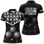 Polo pétanque noir mixte vue dos message j'peux pas j'ai pétanque silhouettes joueurs boules