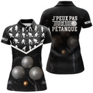 Polo pétanque noir mixte vue dos message j'peux pas j'ai pétanque silhouettes joueurs boules