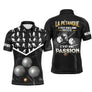 Polo pétanque personnalisé noir marbré avec silhouettes boulistes et lettrage La Pétanque c'est une passion, prénom imprimé