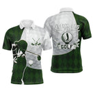 Polo de golf personnalisé homme vert forêt argyle avec silhouette golfeur et lettrage J'peux Pas J'ai Golf