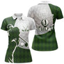 Polo de golf femme vert forêt argyle silhouette golfeuse lettrage humoristique coupe ajustée féminine