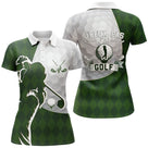 Polo de golf femme vert forêt argyle silhouette golfeuse lettrage humoristique coupe ajustée féminine