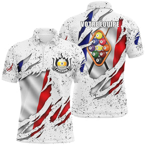 Polo billard tricolore homme avec drapeau français bleu blanc rouge et triangle de billes, prénom et équipe personnalisés