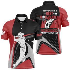 Polo golf rouge et noir homme avec slogan humour golfer et silhouette en swing, prénom personnalisé