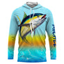 T-shirt anti UV à capuche pêche thon avec scène coucher de soleil, thon jaune en saut sur mer turquoise et ciel orangé