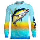 Tee shirt anti UV pêche thon vue dos, motif coucher de soleil et thon en action, vêtement technique pêcheur en mer