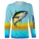 T-shirt manches longues pêche thon coucher de soleil, prénom brodé manche, vêtement halieutique unisexe