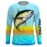 T-shirt anti UV manches longues pêche thon coucher de soleil, design solaire chaud et thon en action, vêtement halieutique