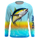 T-shirt anti UV manches longues pêche thon coucher de soleil, design solaire chaud et thon en action, vêtement halieutique