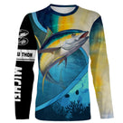 T-shirt manches longues pêche thon fond marin, prénom brodé manche, vêtement halieutique unisexe