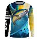 T-shirt anti UV manches longues pêche thon fond marin, scène sous-marine et coraux, vêtement halieutique pour pêcheur en mer