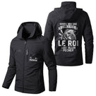 Veste imperméable pêche vert militaire à capuche, slogan Donne-moi une canne, le Roi veut aller pêcher, prénom personnalisé