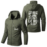 Veste imperméable pêche marine à capuche, slogan Donne-moi une canne, le Roi veut aller pêcher, prénom personnalisé