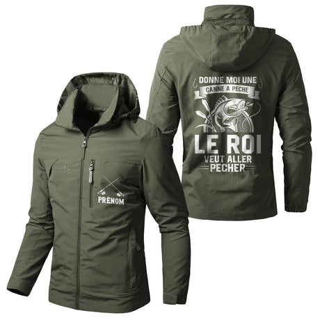 Veste imperméable pêche marine à capuche, slogan Donne-moi une canne, le Roi veut aller pêcher, prénom personnalisé