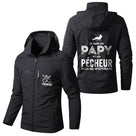 Veste imperméable pêche vert militaire à capuche, slogan Je suis un papy et un pêcheur rien ne m'effraye, prénom personnalisé