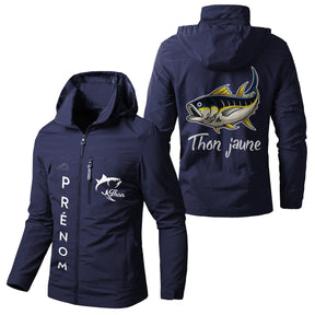 Veste pêche vert militaire à capuche, illustration thon jaune doré, prénom personnalisé