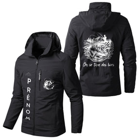 Veste pêche vert militaire à capuche, slogan On se tape des bars et illustration bars, prénom personnalisé