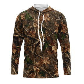 Hoodie capuche anti-UV camouflage forêt feuillage brun vert pour pêcheurs et chasseurs