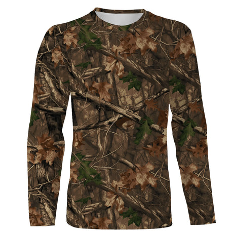 T-shirt all-over camouflage forêt feuillage brun et vert coupe unisexe chasse pêche