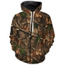 Sweat zippé all-over camouflage forêt feuillage brun vert pour pêcheurs chasseurs
