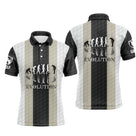 Polo de golf personnalisé homme rayures verticales noir et sable beige avec frise EVOLUTION silhouettes golfeur