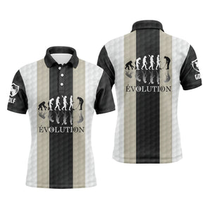 Polo de golf personnalisé homme rayures verticales noir et sable beige avec frise EVOLUTION silhouettes golfeur