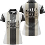 Polo de golf femme rayures noir et sable beige avec frise évolution silhouettes coupe ajustée féminine