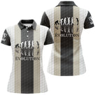 Polo de golf femme rayures noir et sable beige avec frise évolution silhouettes coupe ajustée féminine