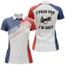 Polo golf vue de face design tricolore bleu rouge blanc, motif balle de golf, coupe homme et femme disponible