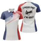 Polo golf vue de face design tricolore bleu rouge blanc, motif balle de golf, coupe homme et femme disponible
