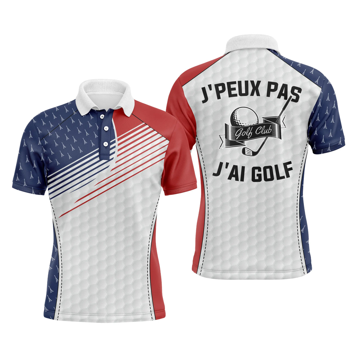 Polo de golf tricolore bleu marine rouge et blanc avec slogan J peux pas j ai golf au dos et texture balle de golf alvéolée