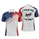 Polo de golf tricolore bleu marine rouge et blanc avec slogan J peux pas j ai golf au dos et texture balle de golf alvéolée
