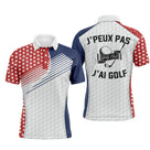Polo de golf drapeau Suisse avec slogan J peux pas j ai golf au dos, croix suisses sur la manche et texture balle de golf