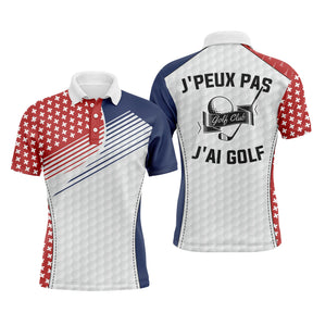 Polo de golf drapeau Suisse avec slogan J peux pas j ai golf au dos, croix suisses sur la manche et texture balle de golf