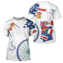 T-shirt cyclisme blanc all-over unisexe avec drapeaux des nations et roue de vélo, motif international