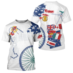T-shirt cyclisme blanc all-over unisexe avec drapeaux des nations et roue de vélo, motif international