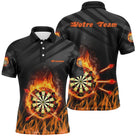 Polo fléchettes noir homme avec design incandescent et cibles en feu Flammes, prénom et équipe personnalisés