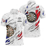 Polo fléchettes blanc tricolore homme avec drapeau France et cibles Dart Impact champion, prénom et équipe personnalisés
