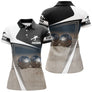 Polo pétanque noir et blanc femme avec figure de bouliste et boules sur terrain, prénom personnalisé