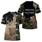 T-shirt chasse cerf camouflage forêt noir avec grand cerf au brame et J'peux pas j'ai chasse, prénom personnalisé