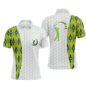 Polo golf homme blanc texture balle de golf losanges vert prairie épaule silhouette golfeur swing dos coupe ajustée