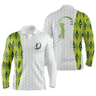 Polo manches longues golf unisexe blanc losanges vert silhouette golfeur swing tissu technique respirant