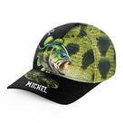 Casquette pêche bar vert noir bar attaque dynamique prénom Michel côté broderie pêcheur côtier personnalisée