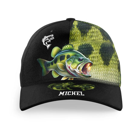 Casquette pêche bar vert tacheté noir bar carnassier prénom broderie côté pêcheur surfcasting personnalisée