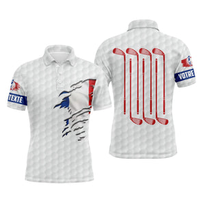 Polo golf homme blanc texture balle de golf clubs croisés rouge bleu silhouette golfeur swing zone Votre Texte manche